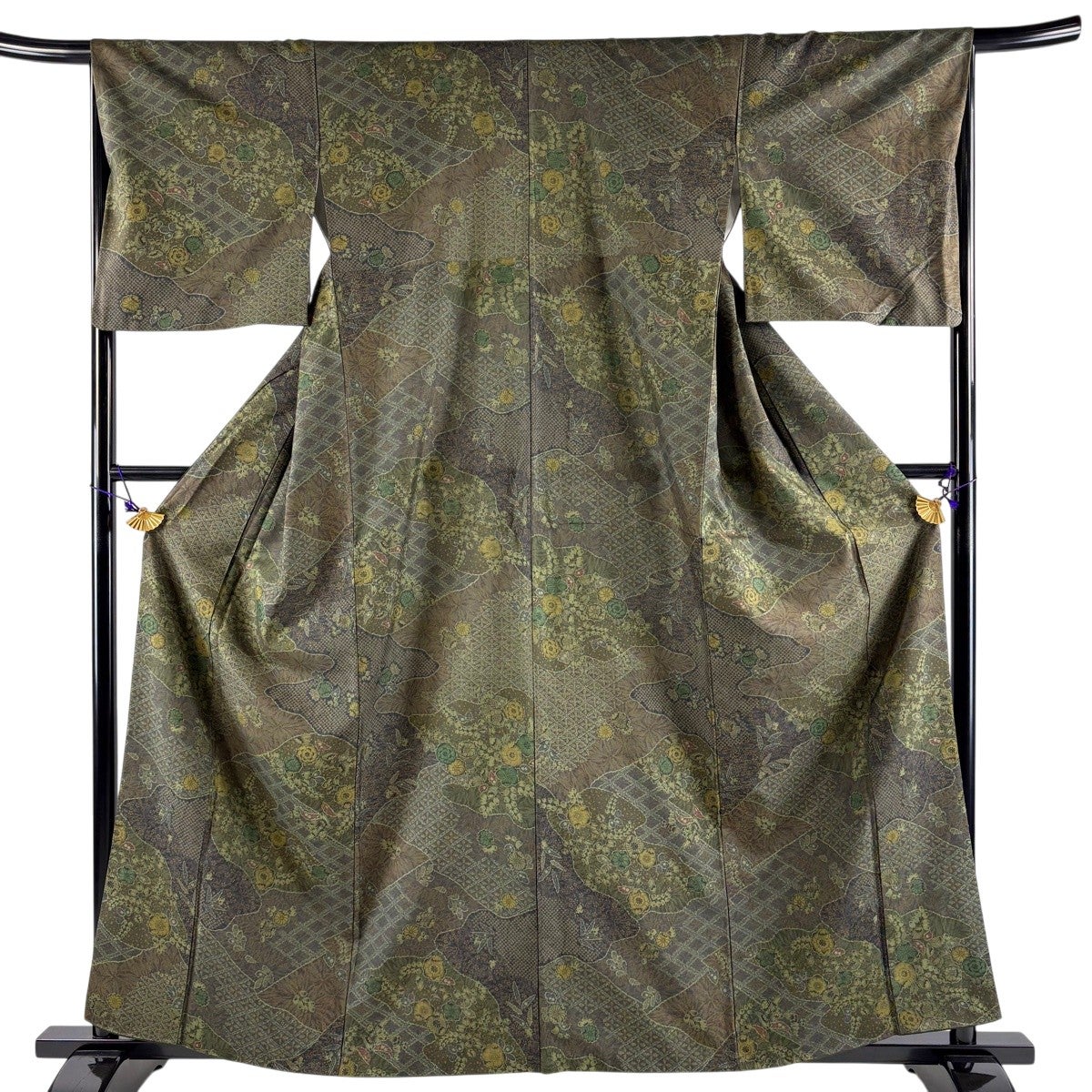 美品】 小紋 身丈161cm 裄丈67cm M 袷 紬地 草花 霞 茶緑色 正絹 秀品