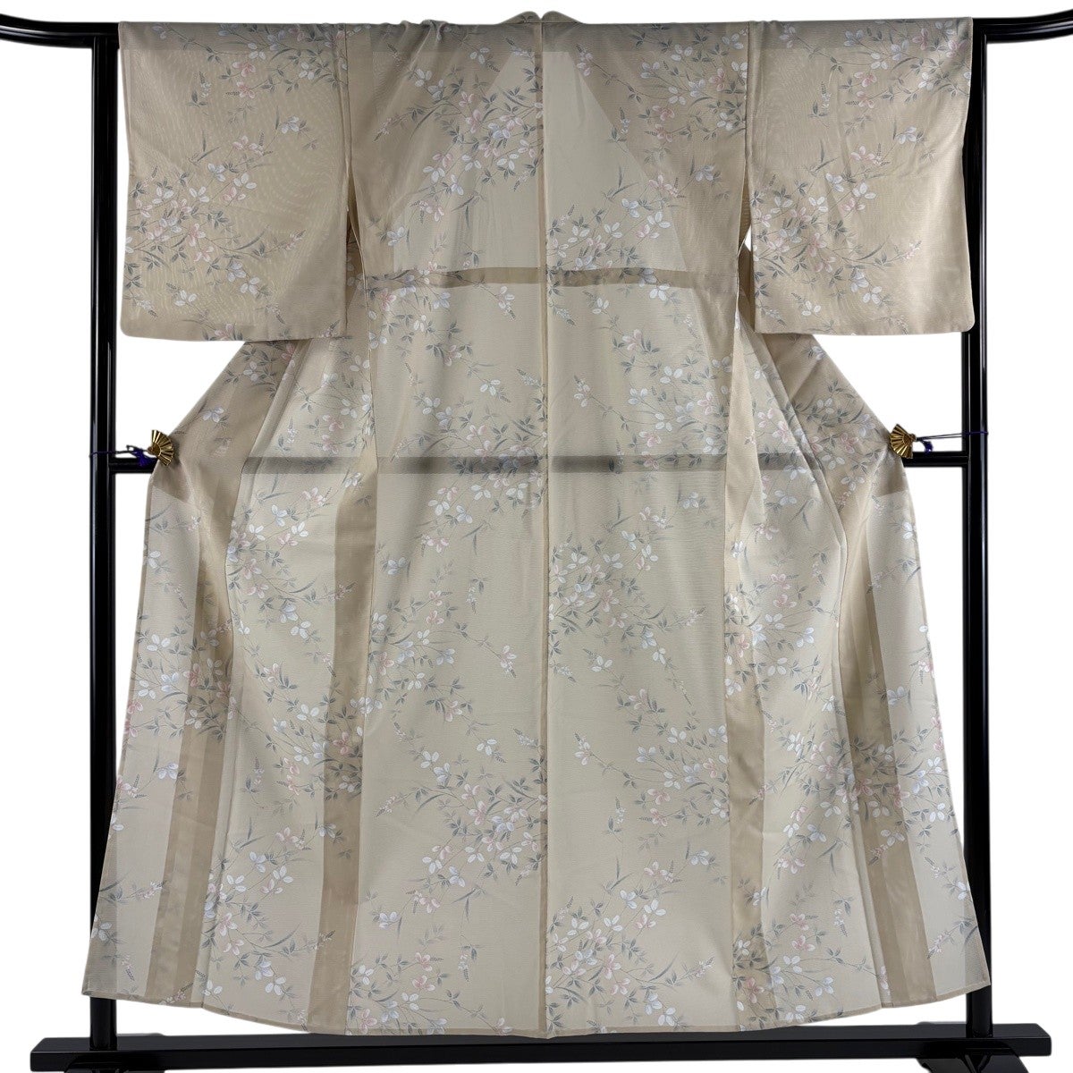 小紋 身丈154cm 裄丈64.5cm M 薄物 絽 バチ衿 萩 ベージュ 正絹 秀品