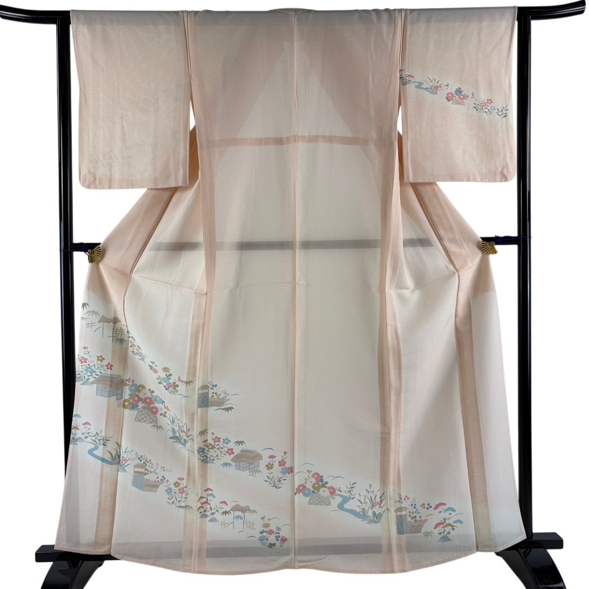 付下げ 身丈162cm 裄丈63cm S 薄物 絽 家屋 秋草 ぼかし サーモン