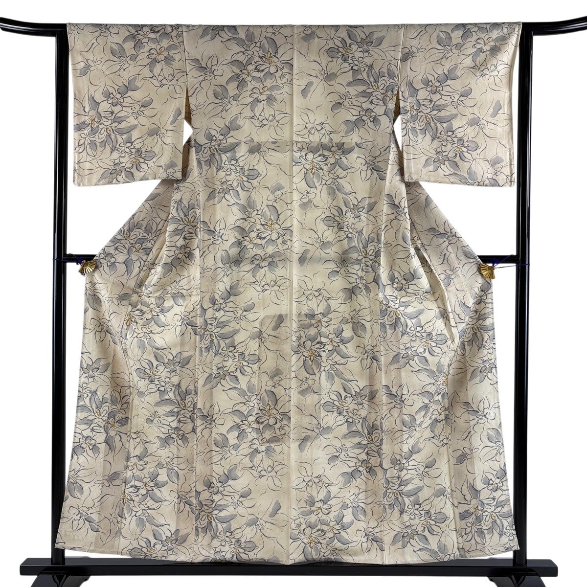 美品】 小紋 身丈159cm 裄丈64cm M 単衣 縞 地紋 灰色 正絹 逸品｜中古