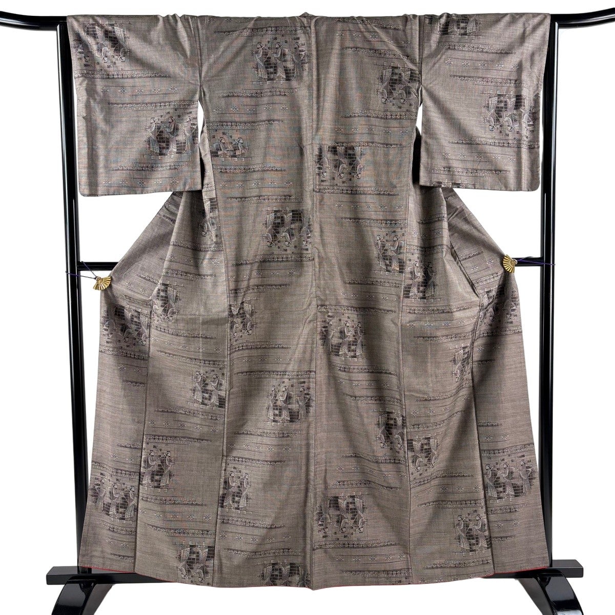 紬 身丈159cm 裄丈64.5cm M 袷 コプト柄 花 焦茶色 正絹 秀品｜中古