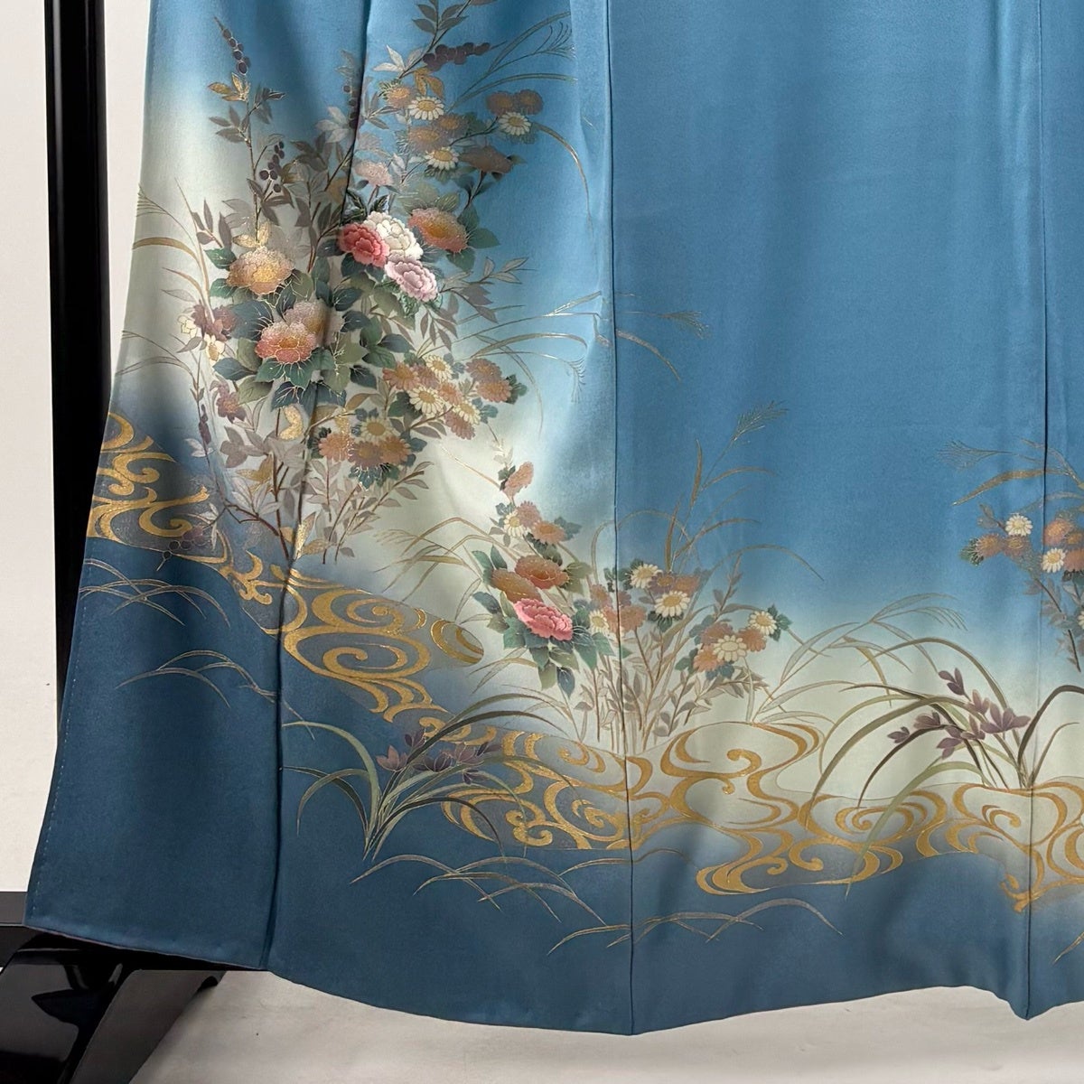 訪問着 身丈160cm 裄丈67.5cm L 袷 草花 流水 刺繍 金銀彩 水色 正絹