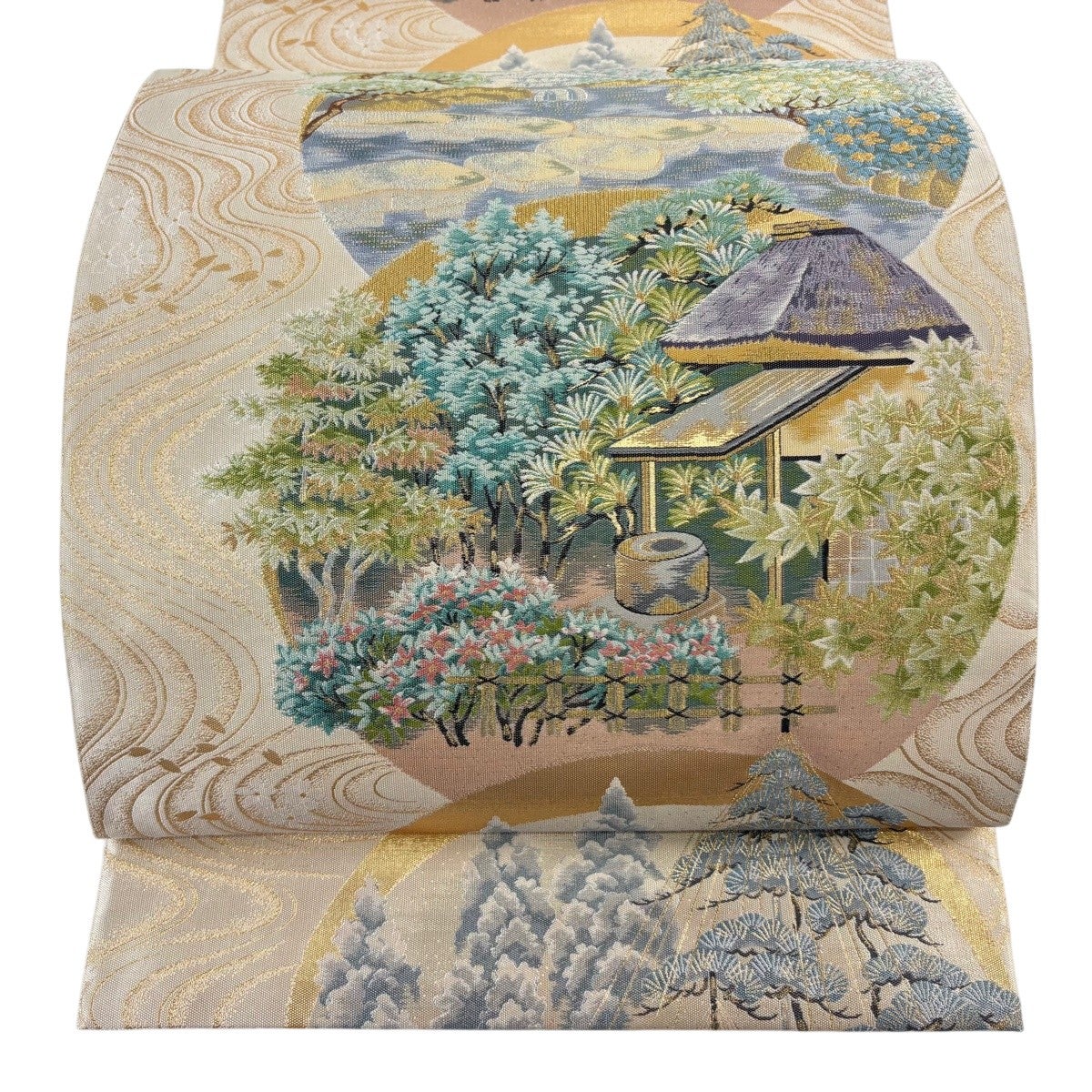 美品】 袋帯 秀品 庭園風景 流水 金糸 箔 ベージュ 六通 正絹｜中古