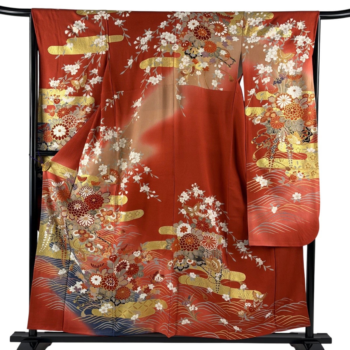 振袖 身丈157cm 裄丈65cm M 袷 花車 蝶 金彩 ぼかし 赤茶 正絹 秀品