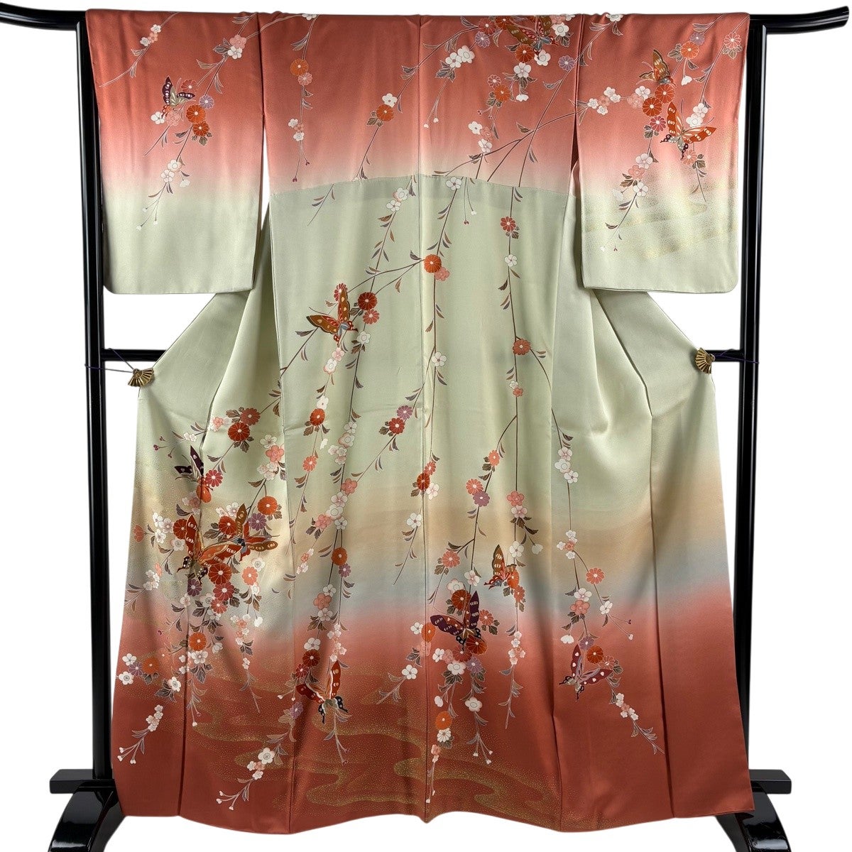 訪問着 身丈164cm 裄丈65cm M 袷 枝垂れ桜 蝶 金糸 金銀彩 茜色 正絹