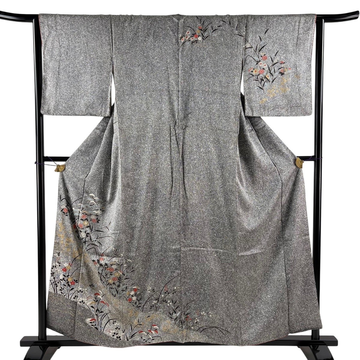 美品】 付下げ 身丈157cm 裄丈65cm M 袷 秋草 露芝 金彩 黒灰 正絹 秀