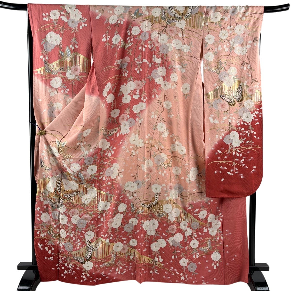 【振袖フルセット】身丈162.5cm 裄丈67.5cm 桜 流水 箔 金彩 赤 振袖 身丈167.5cm 裄丈68.5cm L 袷 蝶 桜 金糸 金彩 ピンク 正絹 秀品