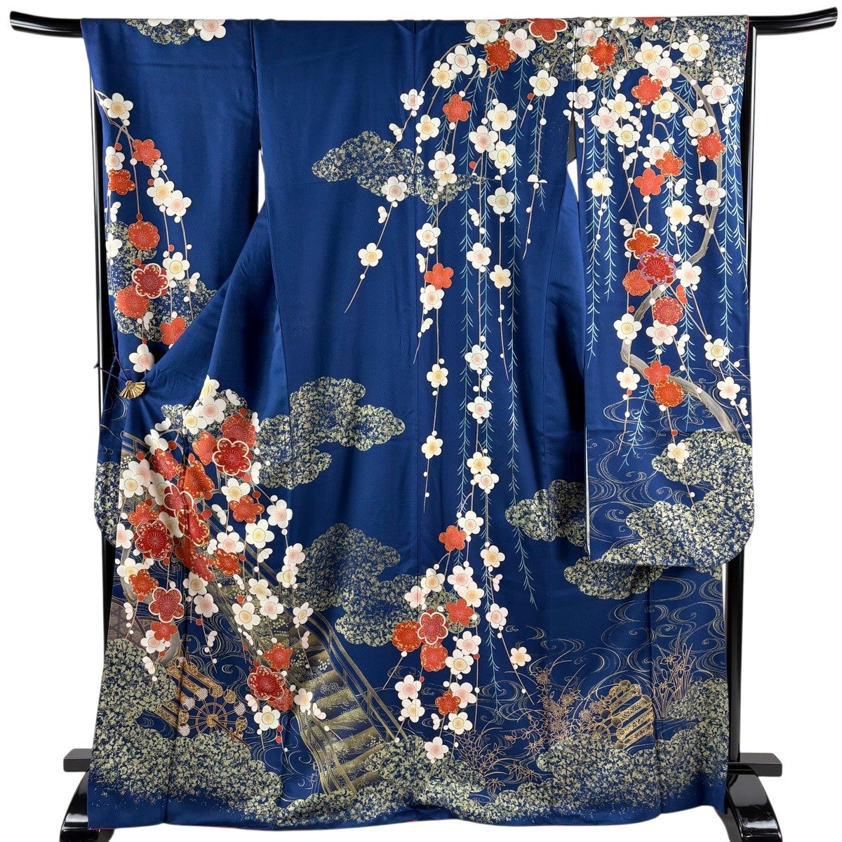 振袖 身丈169cm 裄丈67.5cm L 袷 枝梅 橋 金糸 金彩 青 正絹 秀品