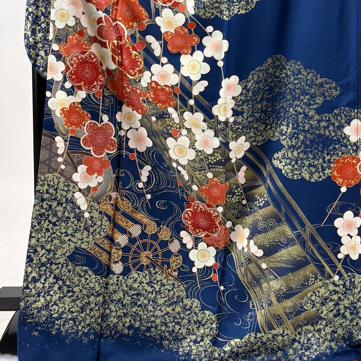 振袖 身丈169cm 裄丈67.5cm L 袷 枝梅 橋 金糸 金彩 青 正絹 秀品