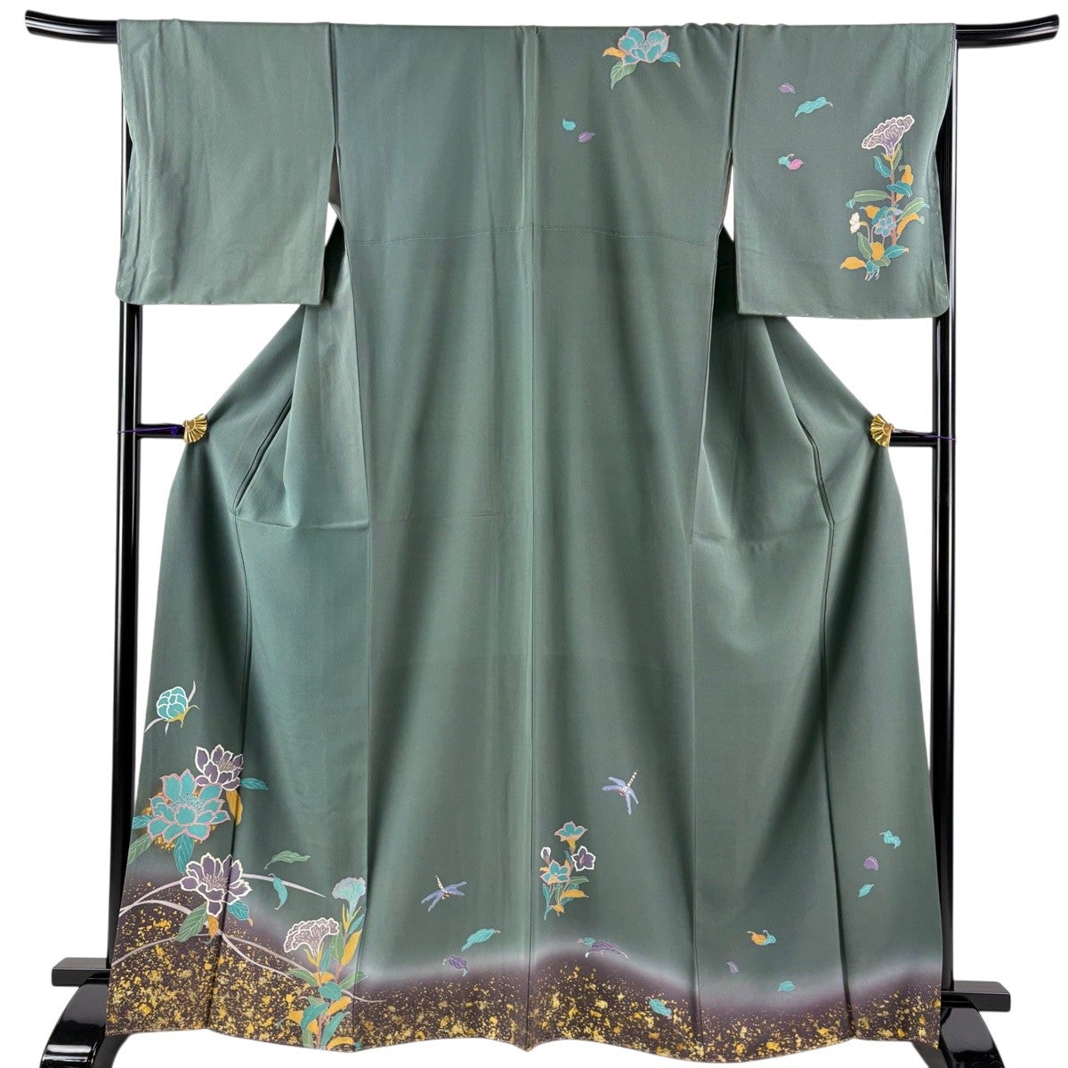 訪問着 身丈166.5cm 裄丈68cm L 袷 草花 とんぼ 金彩 ぼかし 灰緑 正絹