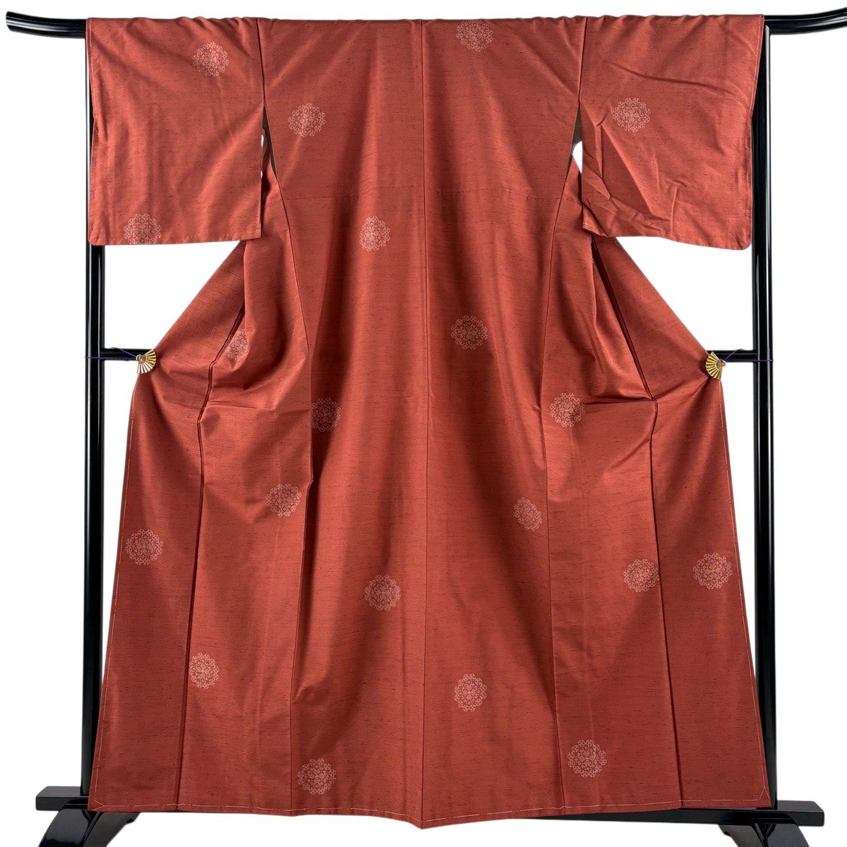 美品】 紬 身丈159.5cm 裄丈66cm M 袷 天山紬 証紙あり 華文 赤茶 正絹