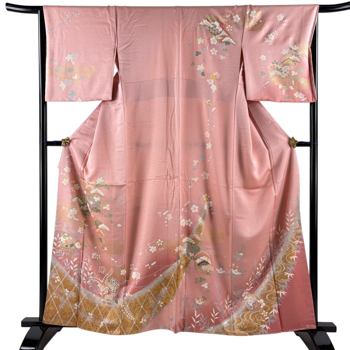 超美品　正絹　訪問着　現代　着物　160裄66 ベージュ　ピンク　水色　黄緑　金 訪問着 身丈160.5cm 裄丈66cm M 袷 雪輪 松梅 金銀彩 ぼかし ピンク