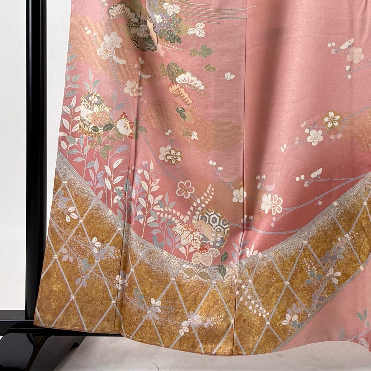 訪問着 身丈160.5cm 裄丈66cm M 袷 雪輪 松梅 金銀彩 ぼかし ピンク
