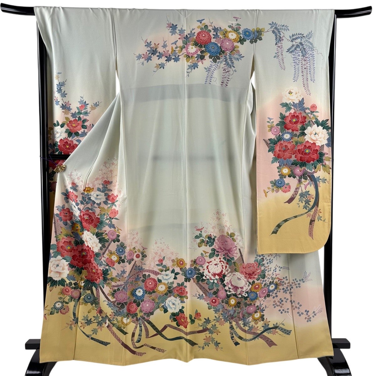 振袖 身丈165.5cm 裄丈68cm L 袷 牡丹 鬘帯 灰緑 正絹 秀品｜中古