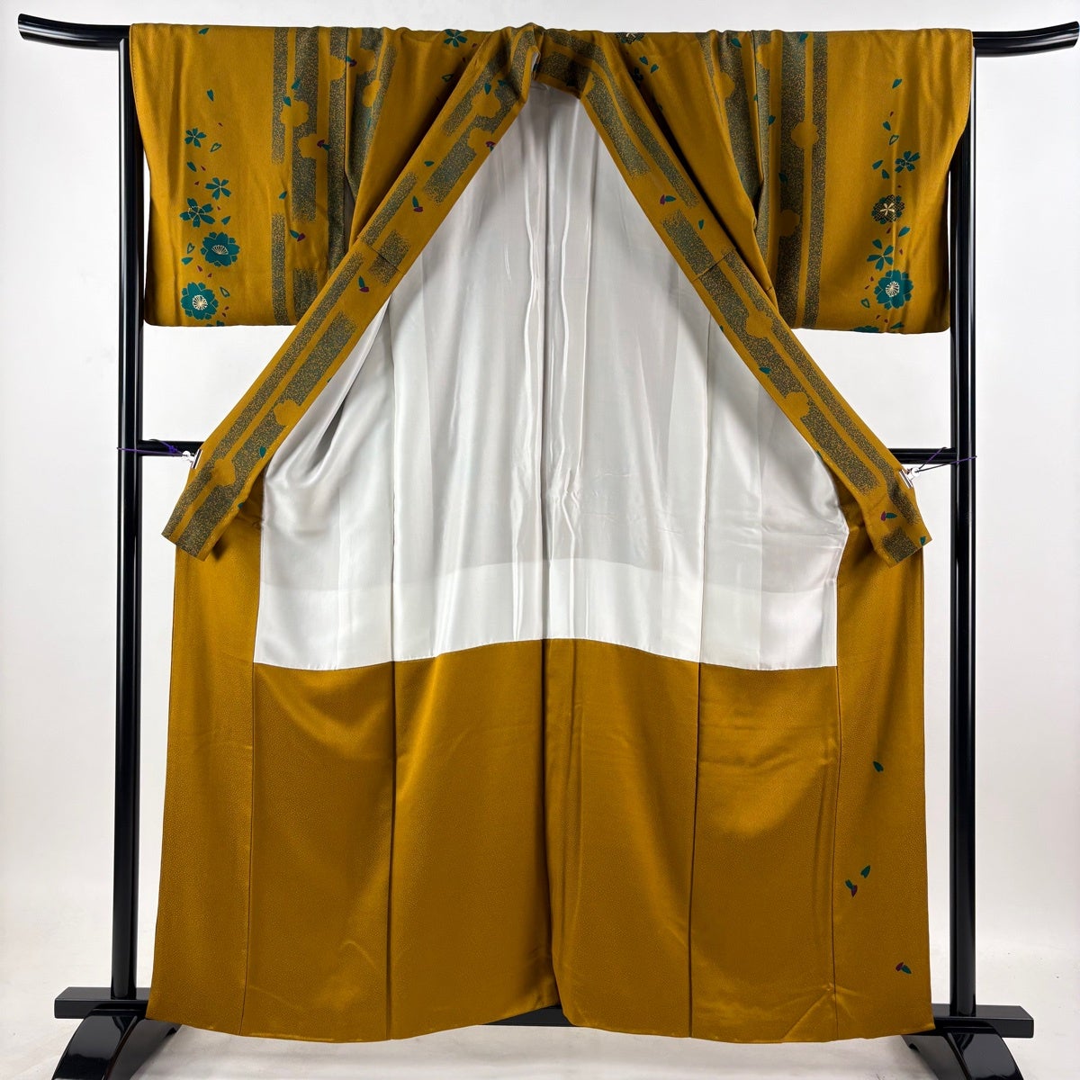 小紋 身丈160cm 裄丈63cm S 袷 桜 花びら 金彩 山吹茶色 正絹 秀品