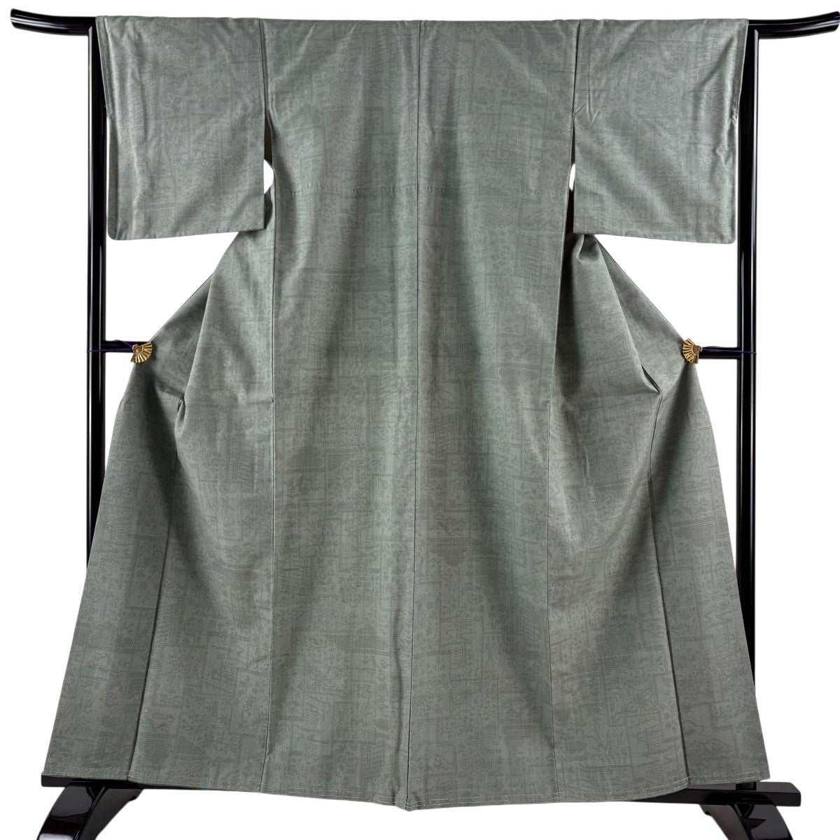 未使用品　単衣 紬 グレー 　身丈160cm 裄丈63.5cm お洒落 正絹 美品】 紬 身丈160cm 裄丈65cm M 袷 証紙あり 亀甲絣 草花 灰緑 正絹