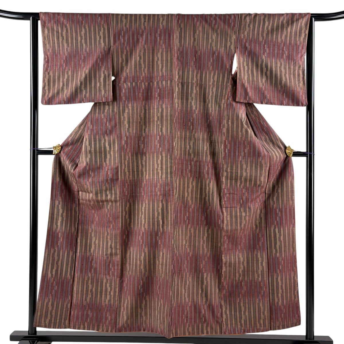 美品】 紬 身丈154.5cm 裄丈63cm S 袷 縦縞 幾何学模様 茶紫 正絹 秀品