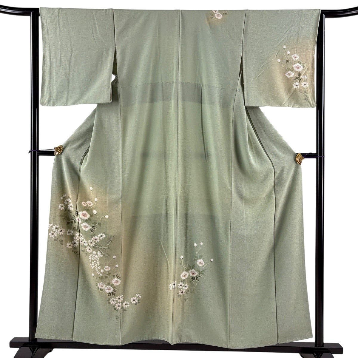 付下げ 身丈156.5cm 裄丈63cm S 袷 草花 絞り 金彩 灰緑 正絹 秀品