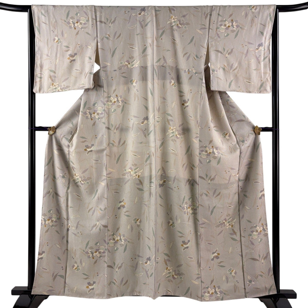 美品】 小紋 身丈159.5cm 裄丈65cm M 袷 椿 葉柄 金彩 灰色 正絹 秀品