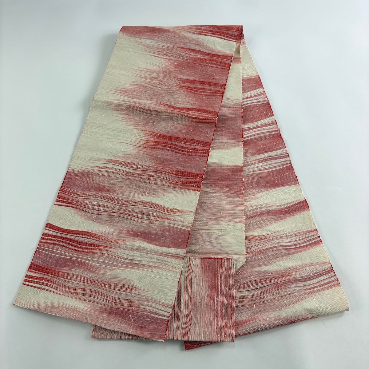 美品】 名古屋帯 優品 八寸名古屋帯 松葉仕立て 霞 よろけ縞 紬 茜色