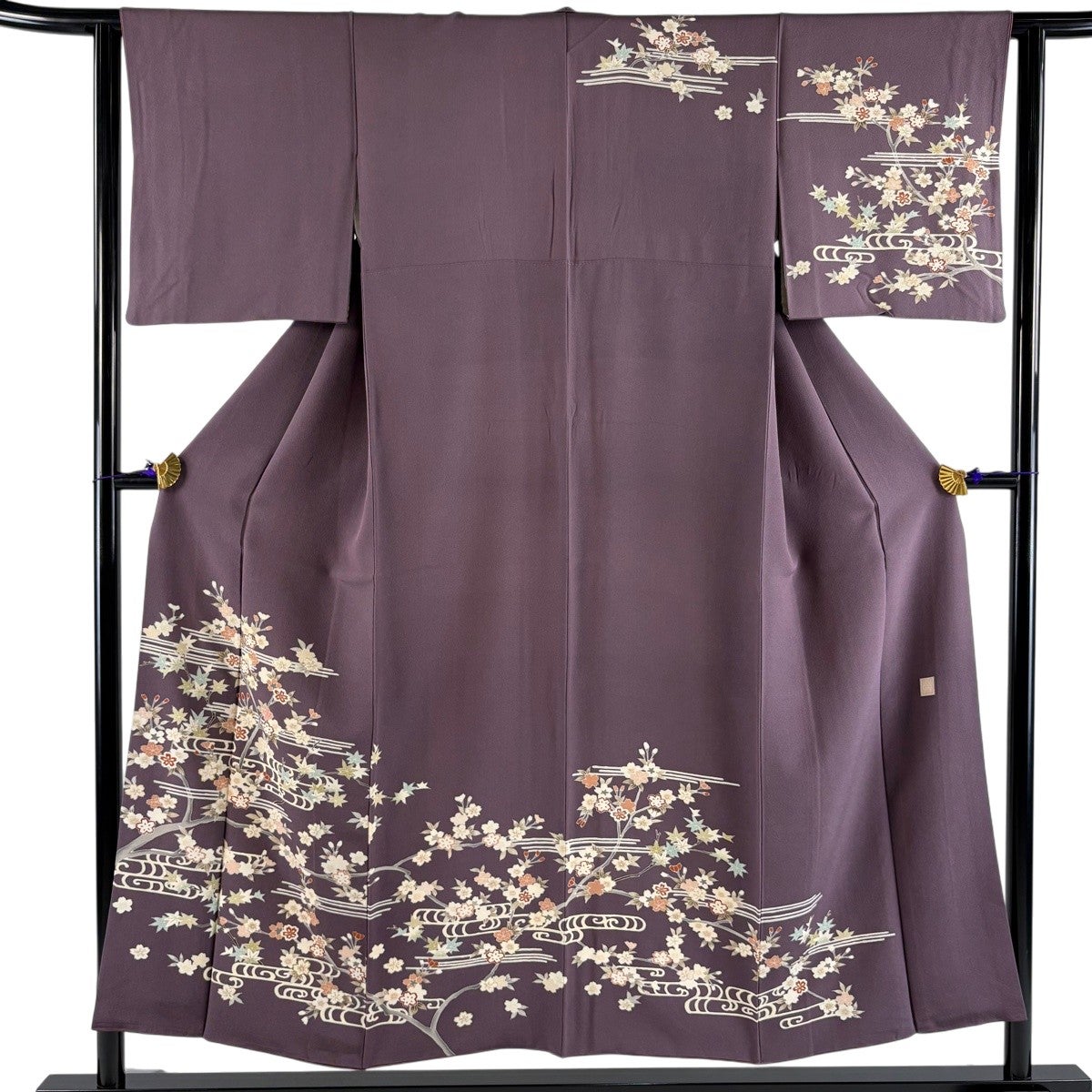訪問着 身丈152cm 裄丈62cm S 袷 落款あり 霞 桜 金糸 金彩 紫 正絹 秀