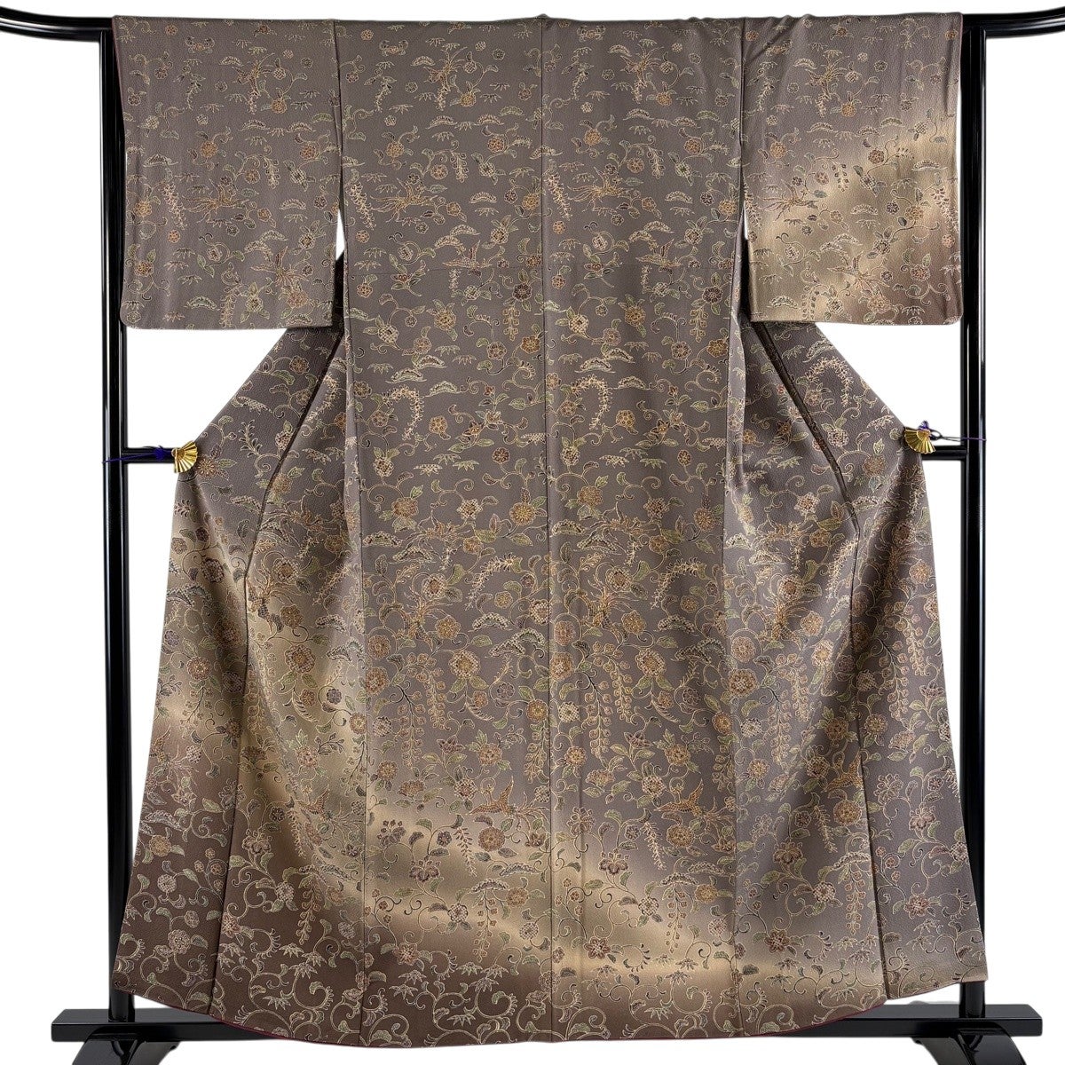 美品】 付下げ 身丈158cm 裄丈63cm S 袷 花唐草 鳥 ぼかし 金彩 灰茶