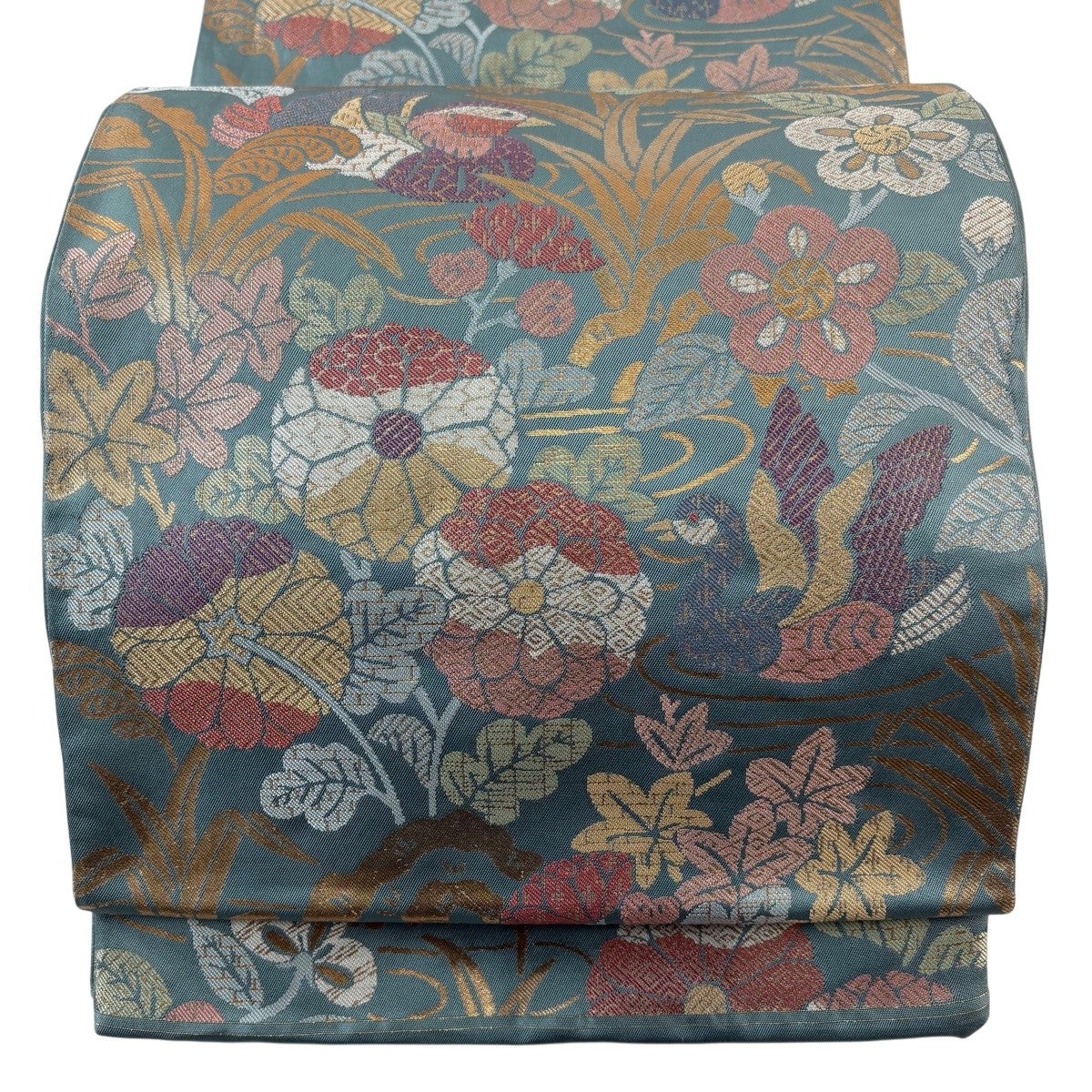 美品】 袋帯 秀品 松上鶴吉祥 金糸 箔 薄緑 六通 正絹｜中古・古着