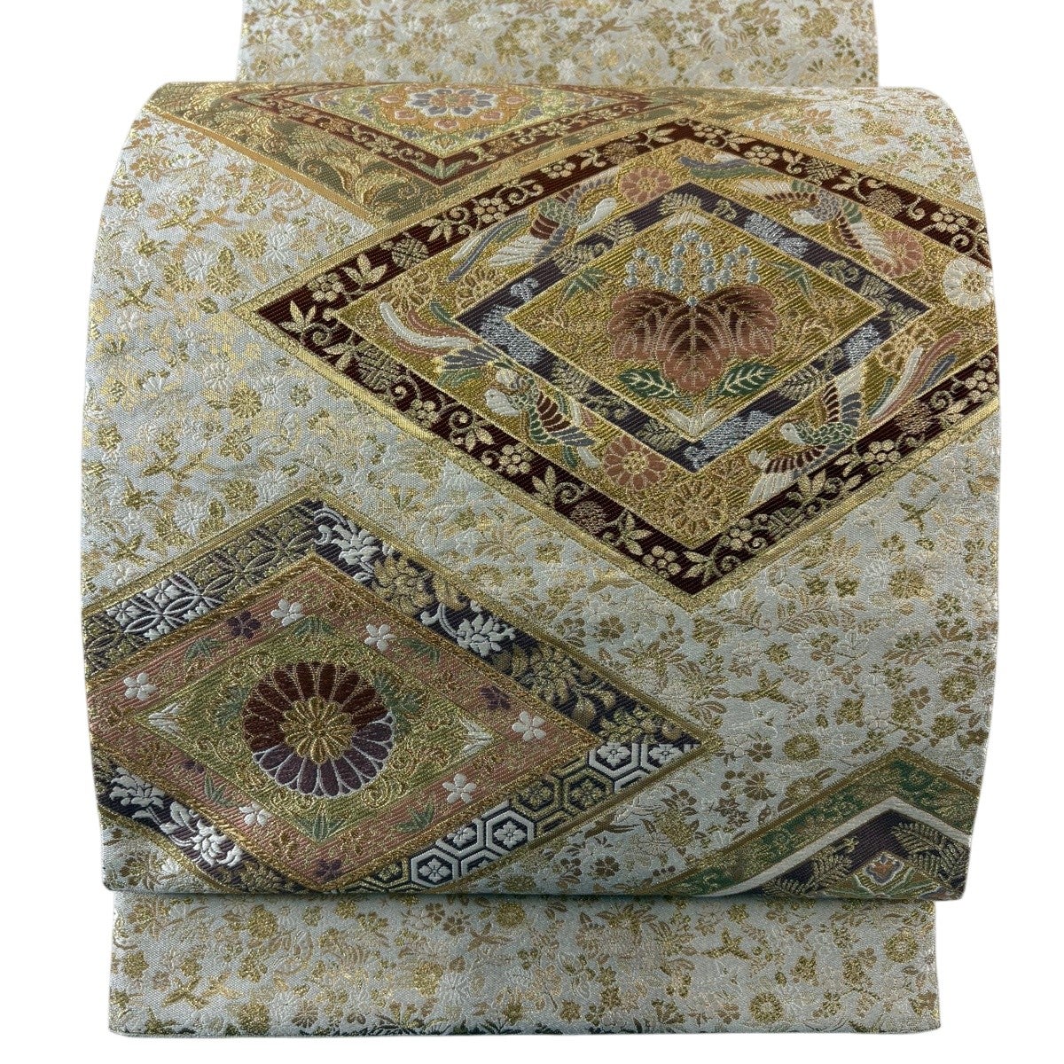袋帯 秀品 華文 花鳥 螺鈿 箔 鶯色 お太鼓柄 正絹｜中古・古着