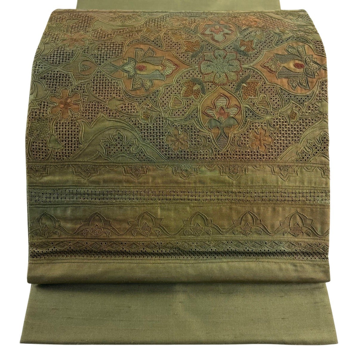 名古屋帯 秀品 紬地 花唐草 幾何学 刺繍 絞り 墨色 正絹｜中古・古着 