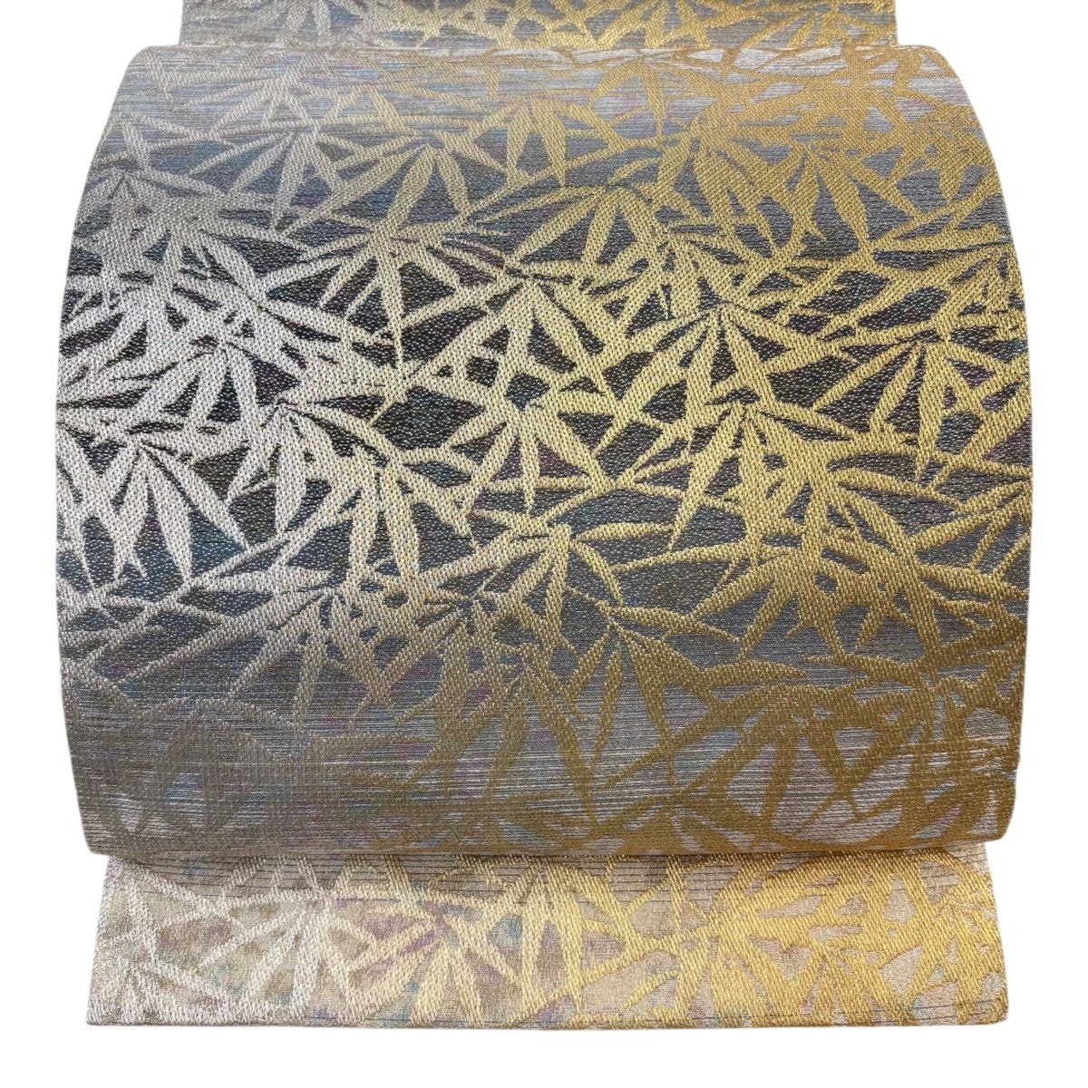 美品】 袋帯 秀品 笹 縞模様 金銀糸 箔 灰紫 全通 正絹｜中古・古着