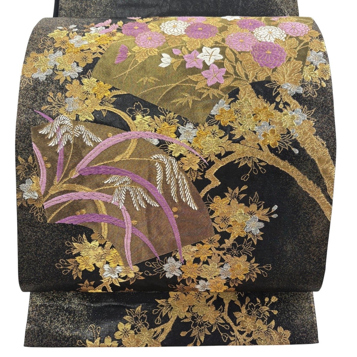 袋帯 逸品 じゅらく 落款あり 帝王紫 桜華宝扇文 金銀糸 箔 黒 お太鼓