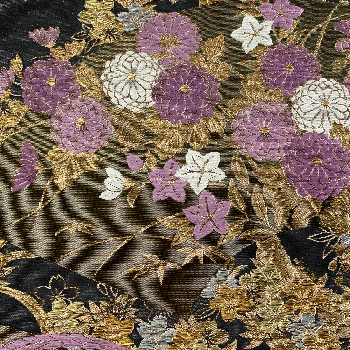 袋帯 逸品 じゅらく 落款あり 帝王紫 桜華宝扇文 金銀糸 箔 黒 お太鼓