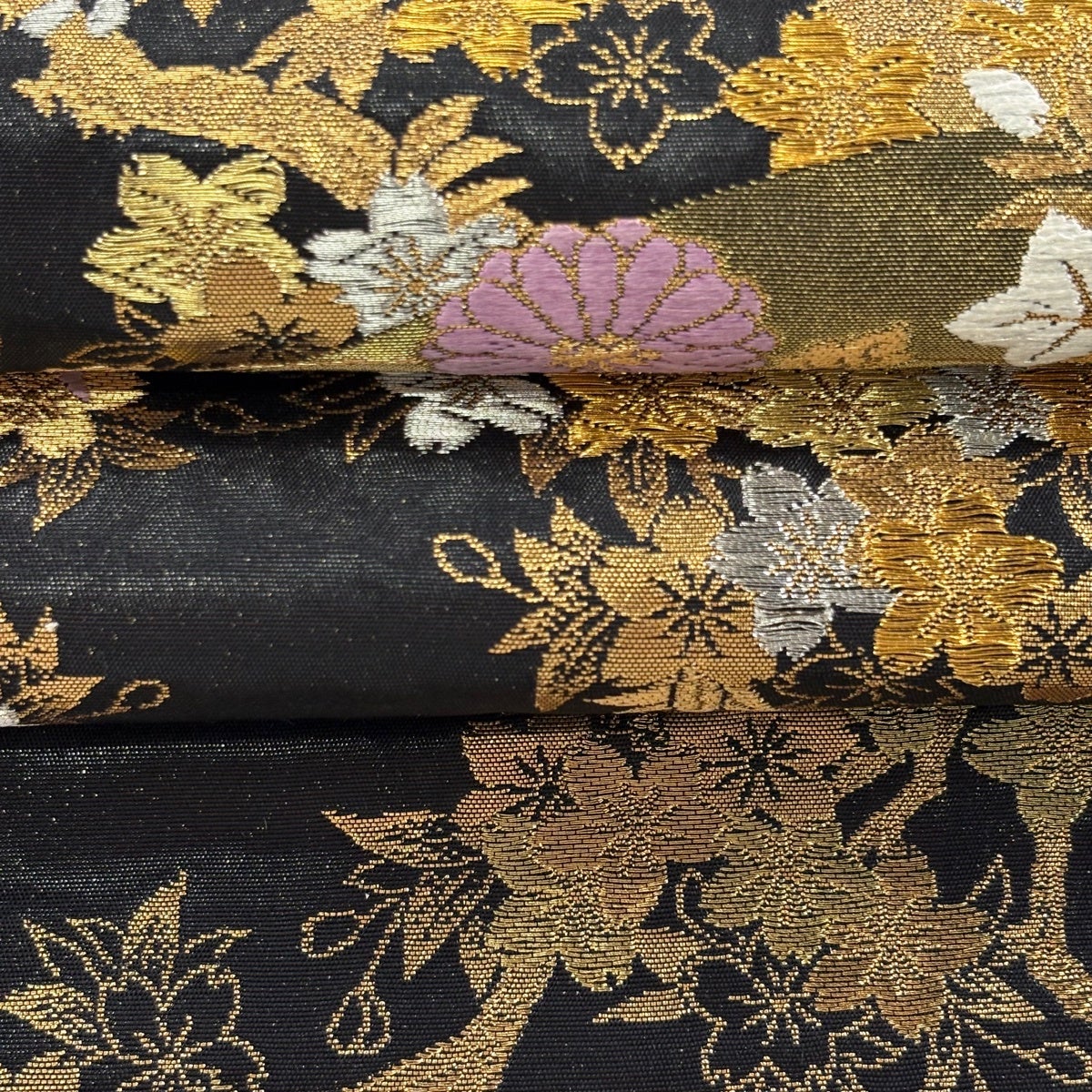 袋帯 逸品 じゅらく 落款あり 帝王紫 桜華宝扇文 金銀糸 箔 黒 お太鼓