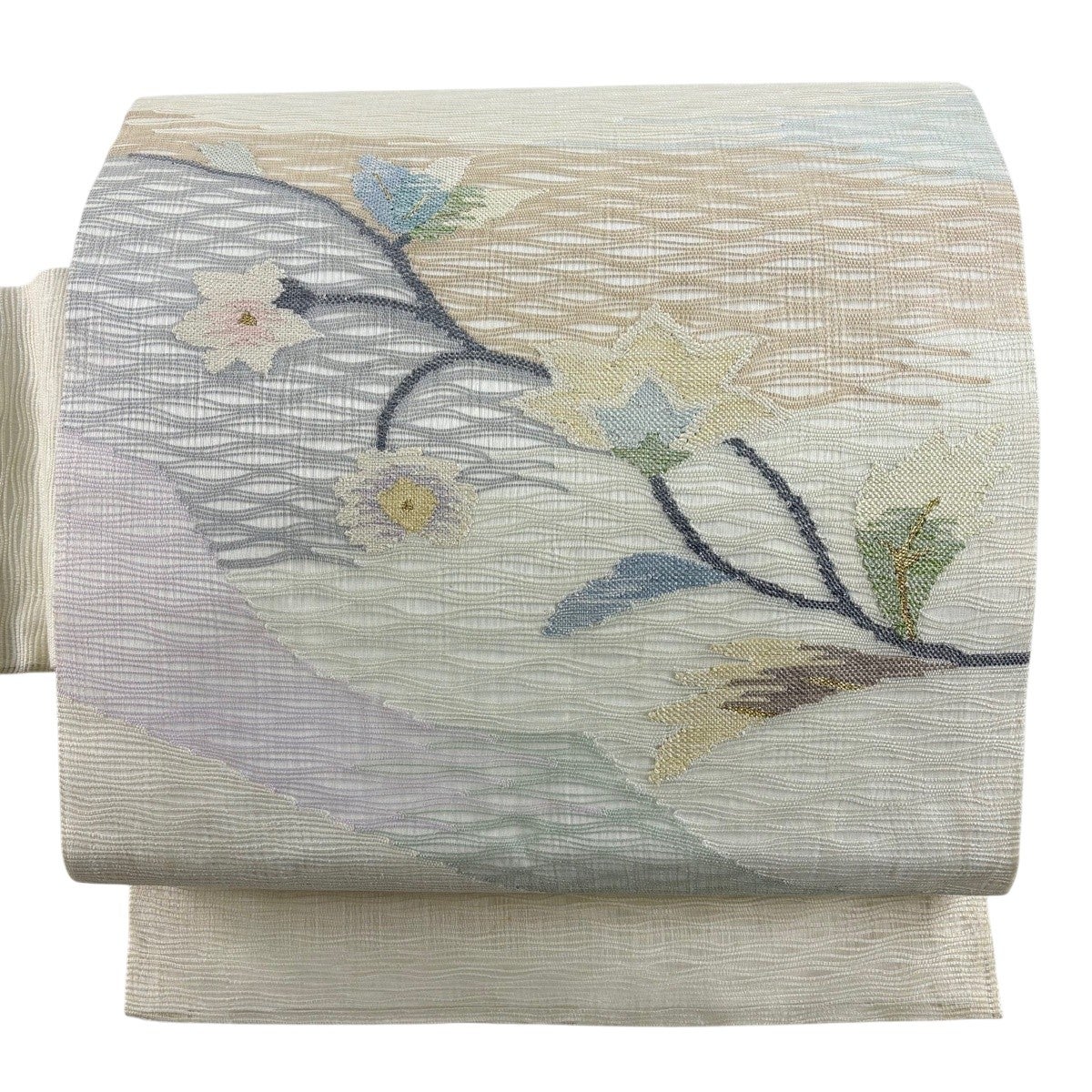 最終価格】 83%OFF 名古屋帯 秀品 夏帯 笹 蛍 クリーム 正絹 K70｜中古