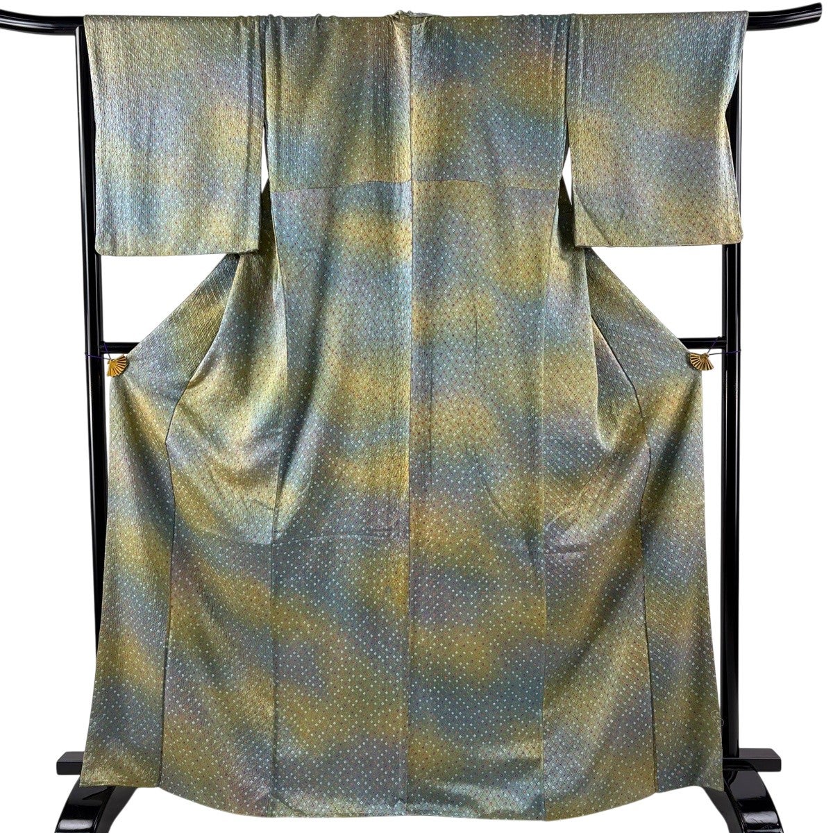 美品】 小紋 身丈167cm 裄丈68cm L 袷 幾何学 ぼかし 灰緑 正絹 優品