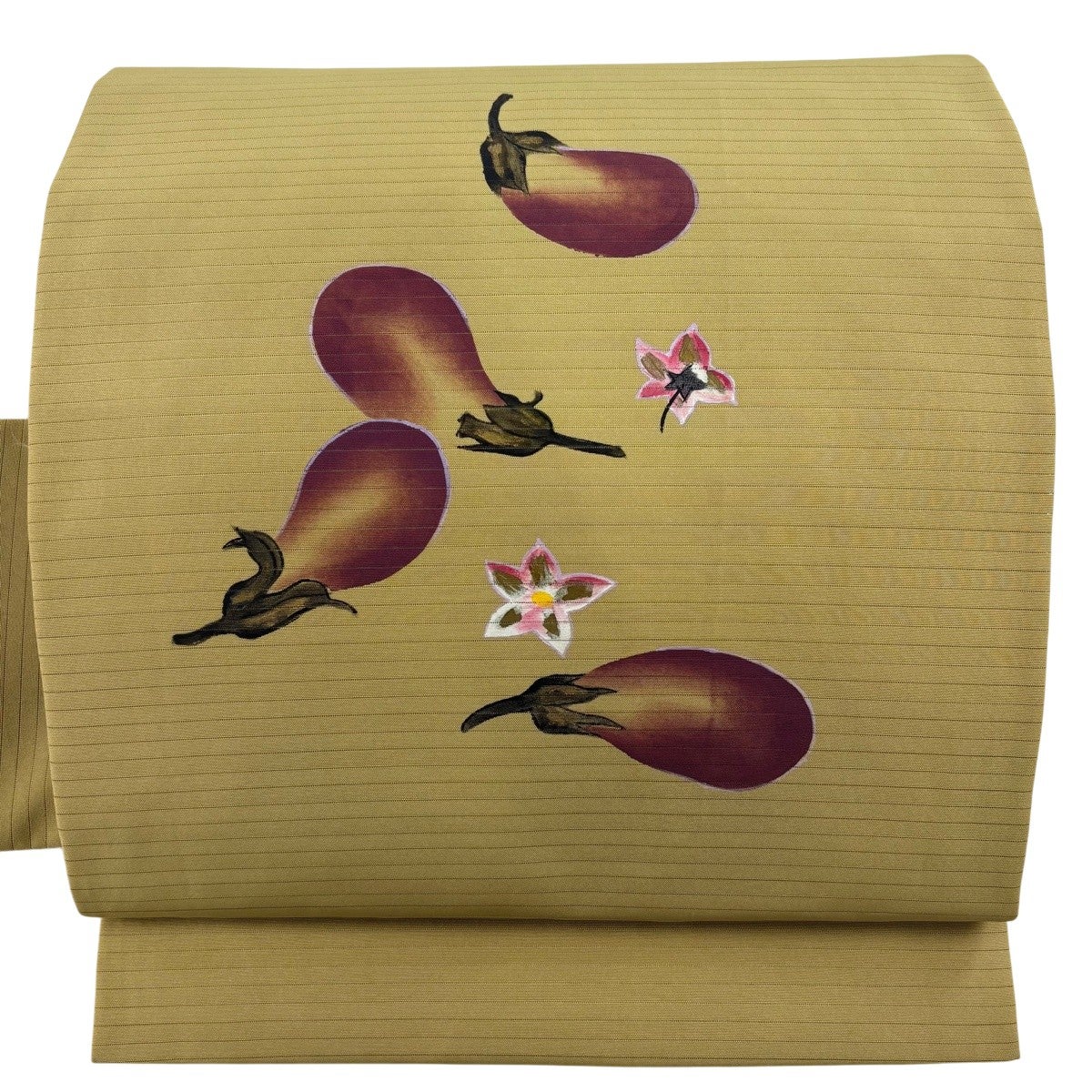 名古屋帯 秀品 夏帯 絽 茄子 花 金彩 黄土色 正絹｜中古・古着
