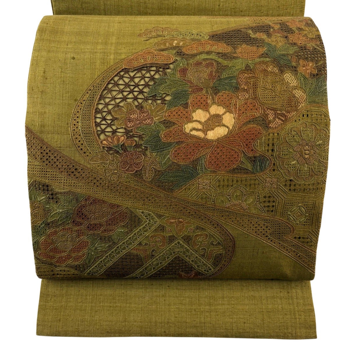 美品】 袋帯 秀品 紬地 草花 刺繍 茶緑色 お太鼓柄 正絹|中古・古着 美品】 袋帯 秀品 紬地 草花 刺繍 茶緑色 お太鼓柄 正絹|中古・古着