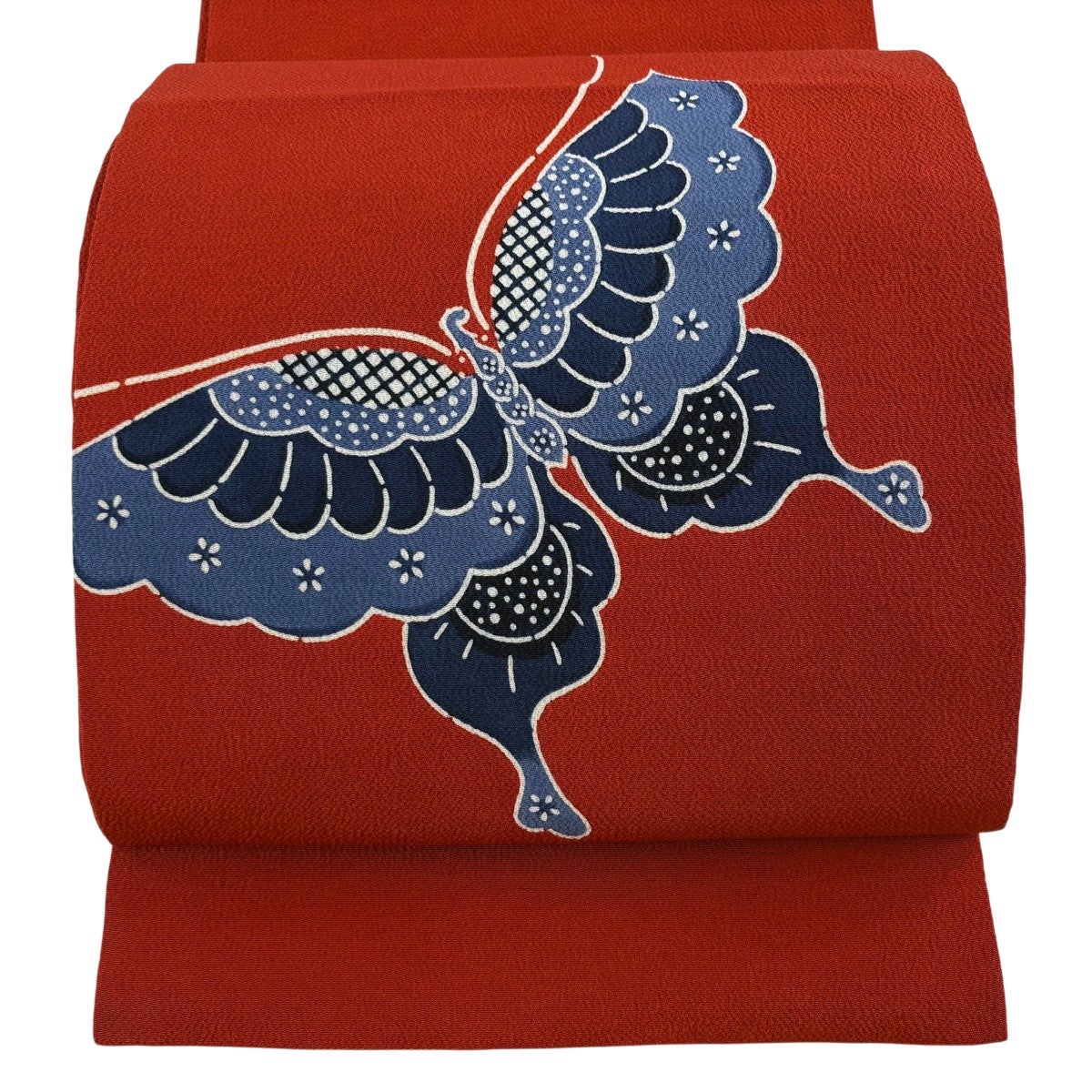 美品】 開き名古屋帯 逸品 栗山吉三郎 蝶 縮緬 茜色 正絹｜中古・古着