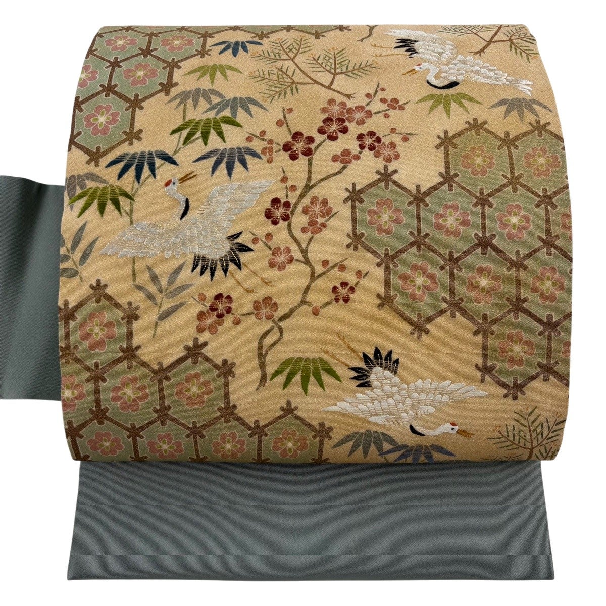 美品】 名古屋帯 逸品 落款あり 鶴 松竹梅 金通し 刺繍 灰緑 正絹