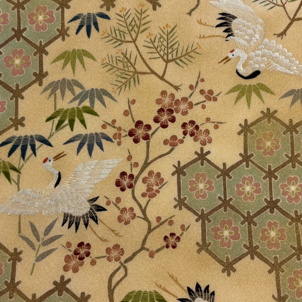 びっくりSALE！名品 逸品 正絹洒落帯 船頭さん 美品】 名古屋帯 逸品 落款あり 鶴 松竹梅 金通し 刺繍 灰緑 正絹