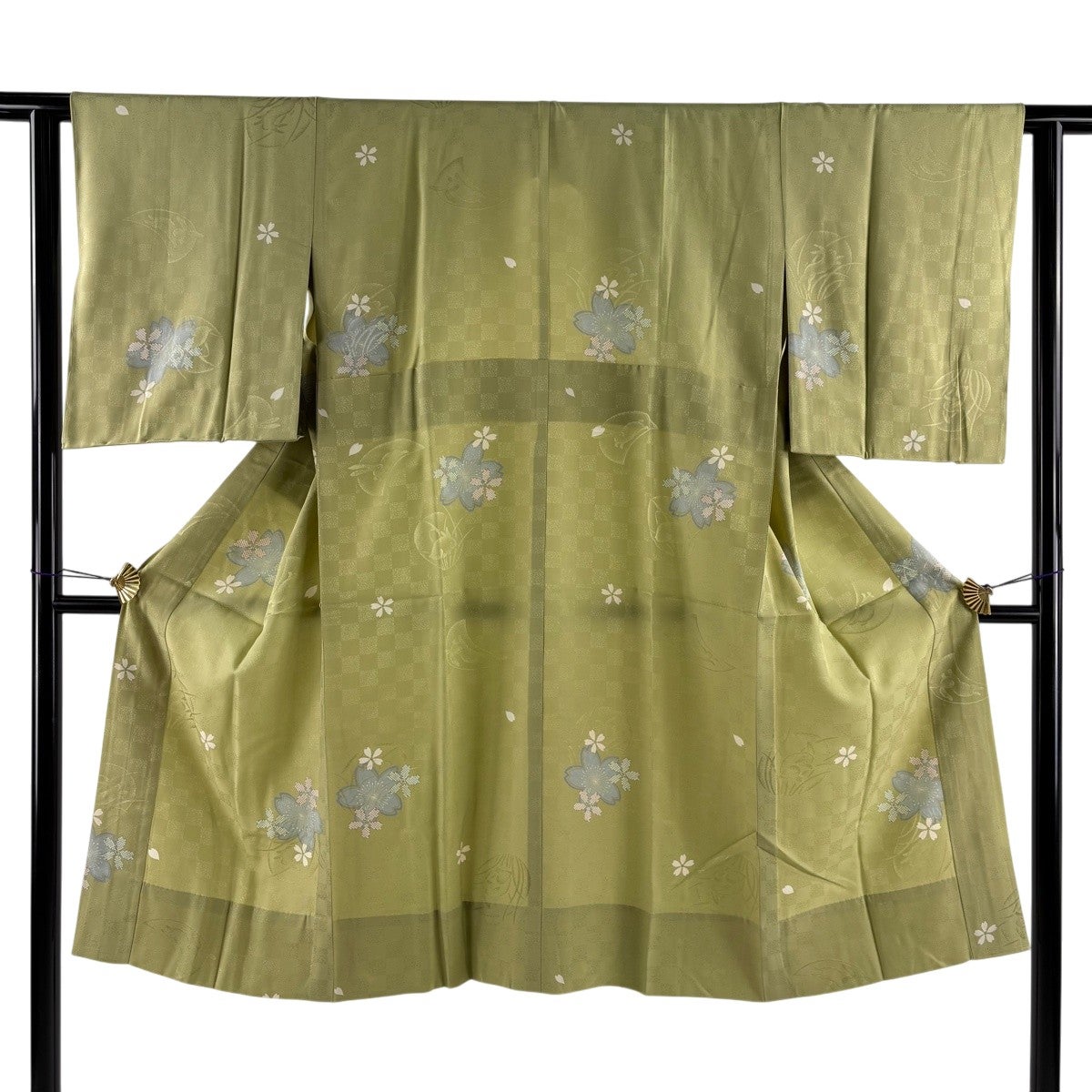 美品】 長襦袢 身丈119cm 裄丈62cm S やまと 桜 市松 抹茶色 正絹 秀品