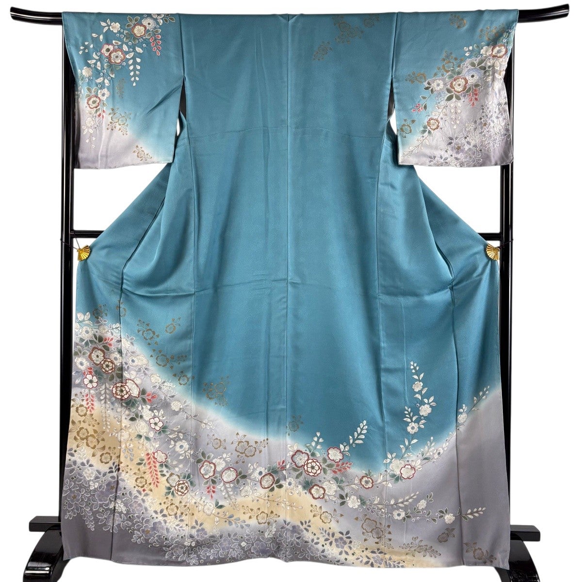 訪問着 身丈165cm 裄丈69cm L 袷 桜 金糸 金彩 青灰色 正絹 秀品｜中古