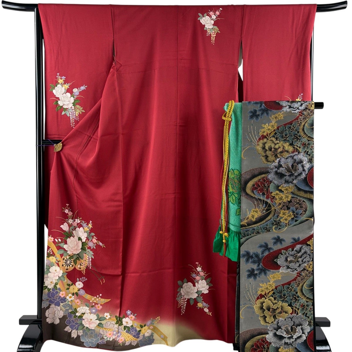 美品】 振袖 身丈165.5cm 裄丈66cm M 袷 袋帯フルセット 御所車 牡丹