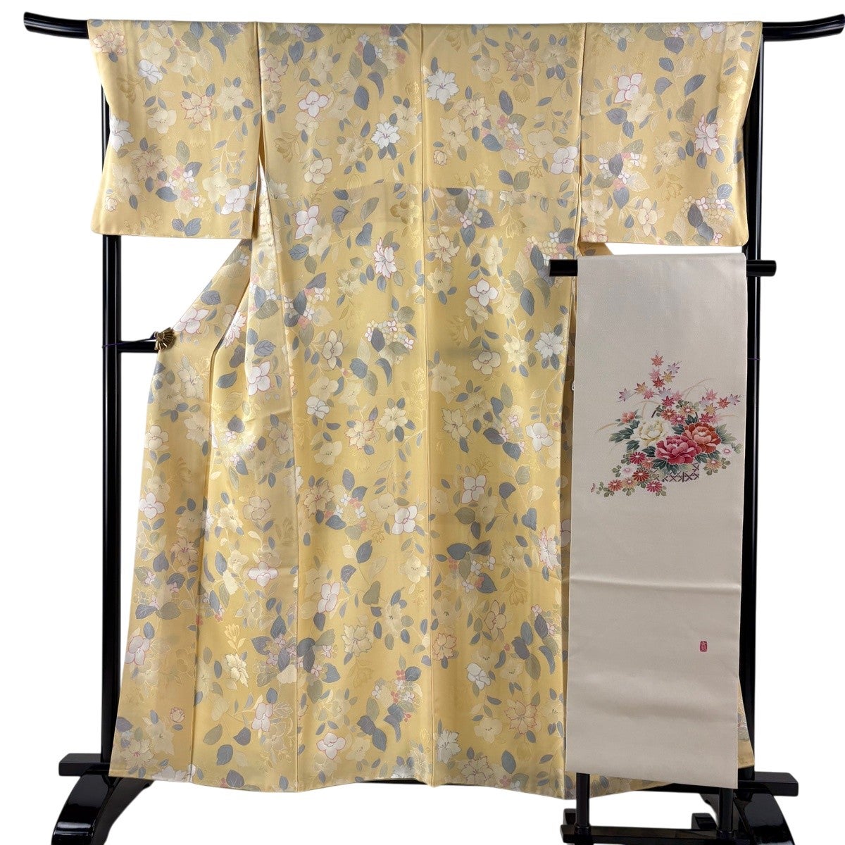 小紋 身丈158.5cm 裄丈67.5cm L 袷 名古屋帯セット 草花 黄色 正絹 秀