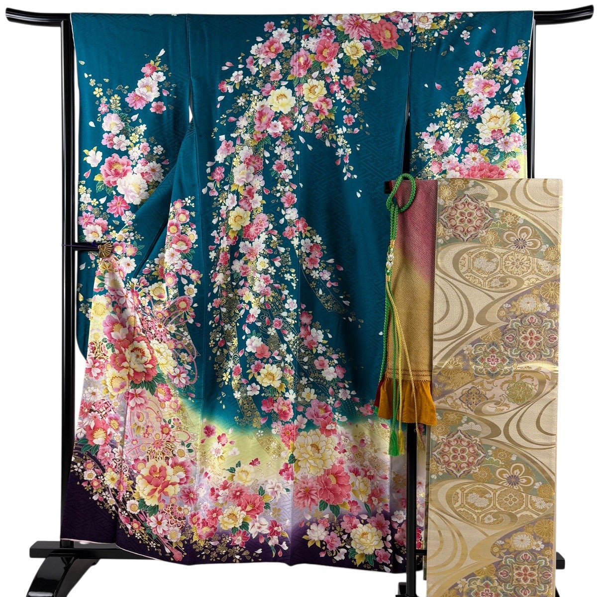 美品】 振袖 身丈158.5cm 裄丈65cm M 袷 袋帯フルセット 草花 手鞠 金