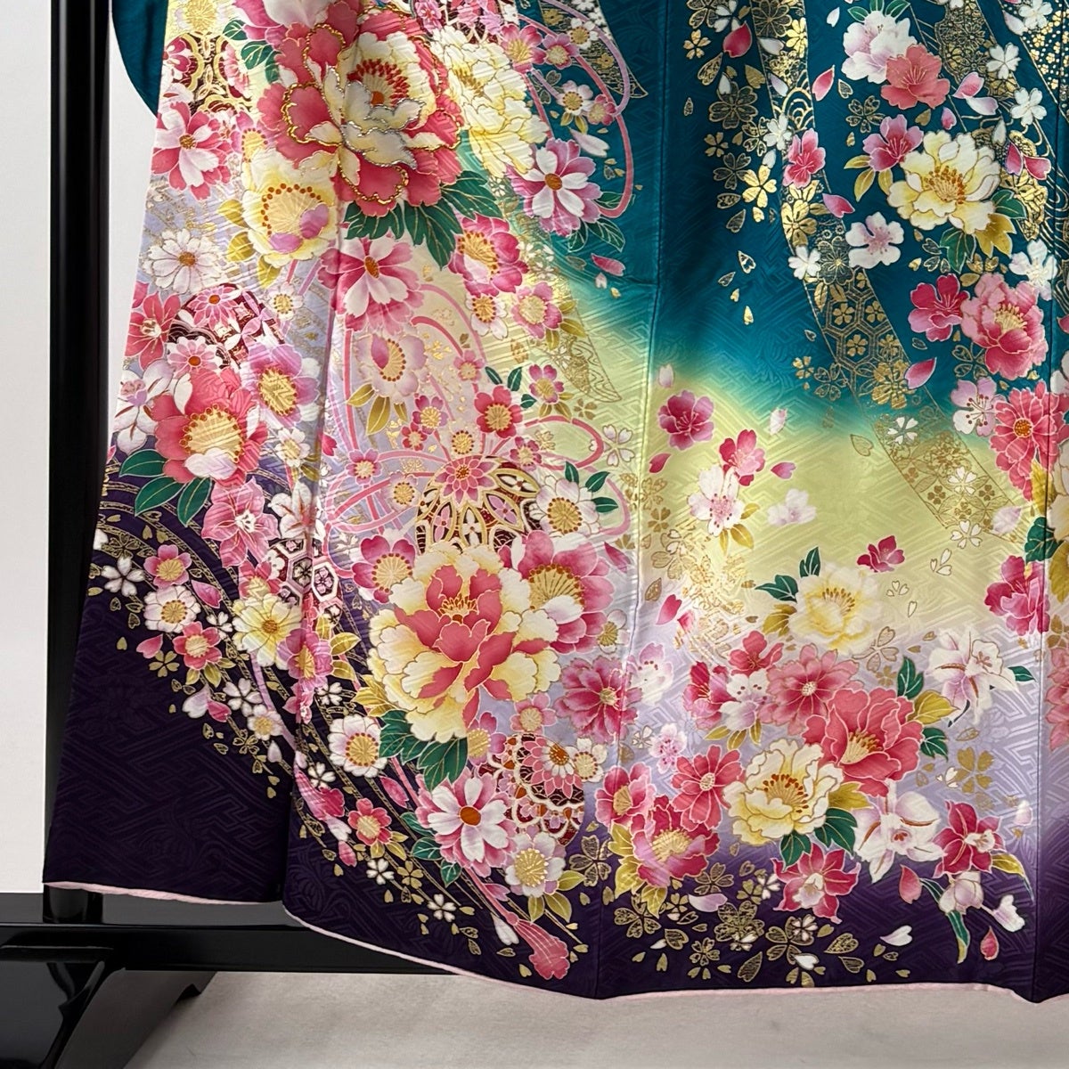 美品】 振袖 身丈158.5cm 裄丈65cm M 袷 袋帯フルセット 草花 手鞠 金