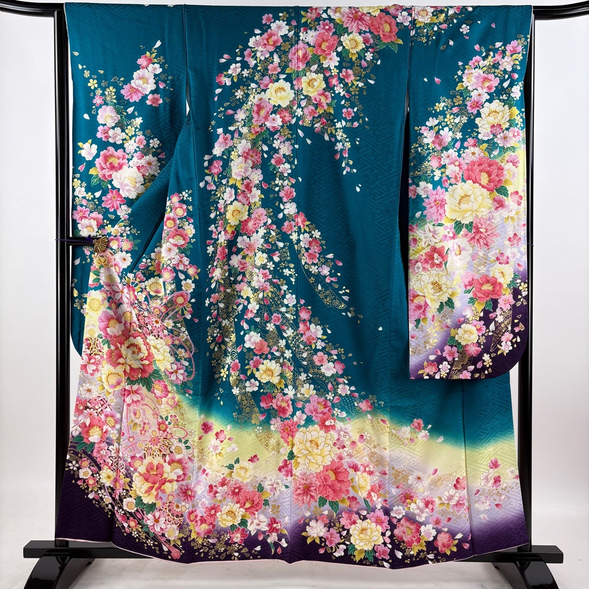 美品】 振袖 身丈158.5cm 裄丈65cm M 袷 袋帯フルセット 草花 手鞠 金