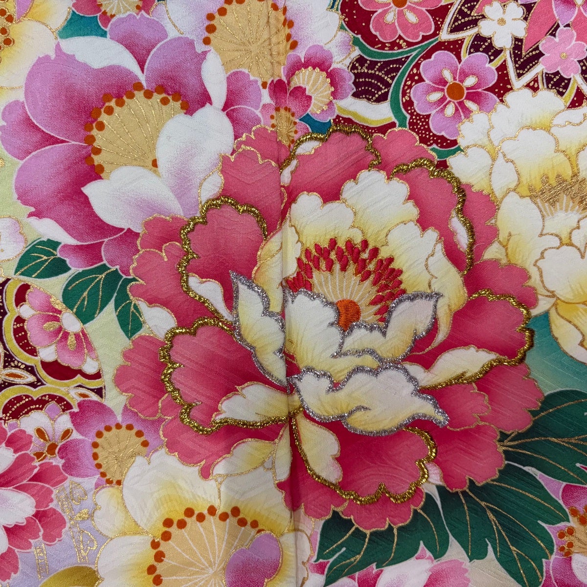 美品】 振袖 身丈158.5cm 裄丈65cm M 袷 袋帯フルセット 草花 手鞠 金