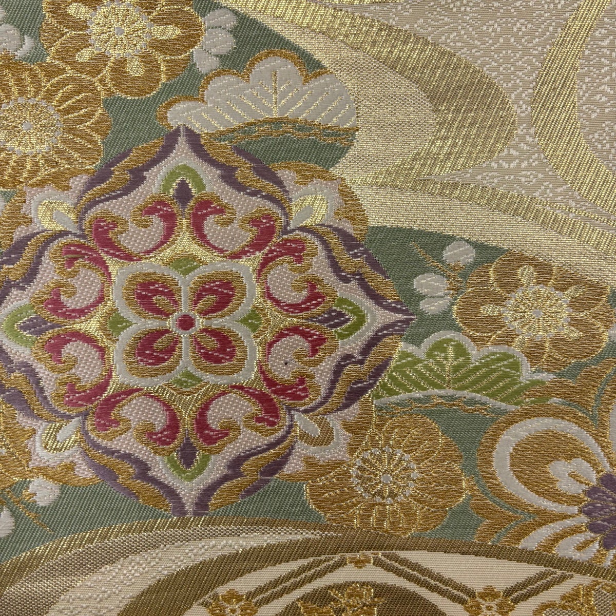 美品】 振袖 身丈158.5cm 裄丈65cm M 袷 袋帯フルセット 草花 手鞠 金