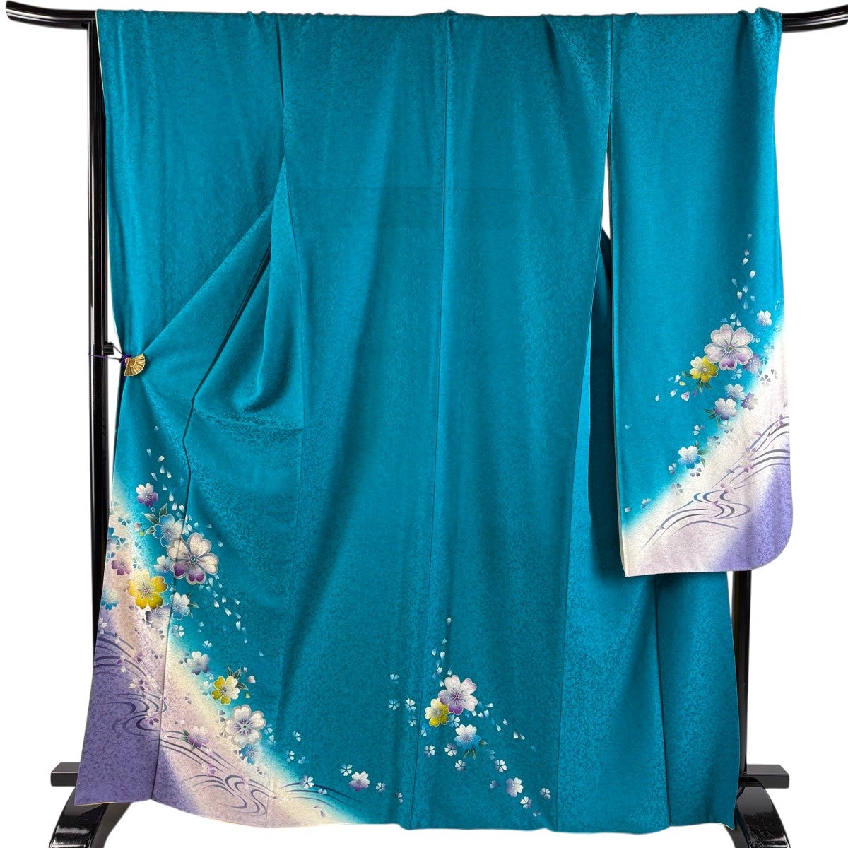 振袖 身丈167cm 裄丈70.5cm L 袷 桜 流水 金彩 ぼかし 青緑 正絹 名品